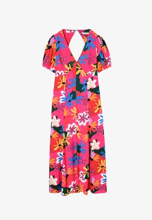 Virágmintás ruha rózsaszín háttérrel, rövid puffos ujjakkal, V-nyakkivágással és kulcslyuk hátkivágással. Színes, nagy virágok jellemzik, különböző árnyalatokban.