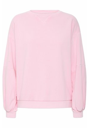 Sweatshirt rose avec une coupe décontractée, un col côtelé et des manches longues légèrement froncées. Tissu doux avec une texture lisse.