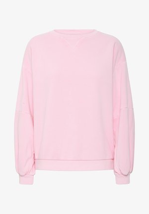 Różowy sweatshirt o luźnym kroju, z prążkowanym dekoltem i długimi, lekko marszczonymi rękawami. Miękka tkanina o gładkiej teksturze.