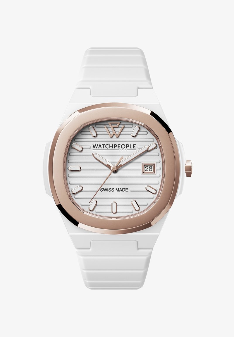 Baltas silikono dirželis laikrodis su sidabriniu juostotu ciferblatu, rožinio aukso akcentais, aštuonkampio formos korpusu ir datos rodymu trijų valandų vietoje. Šveicariška gamyba.