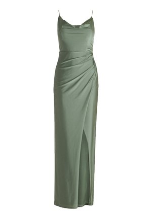 Sleek green satin maxi dress with thin straps, a draped silhouette, and a thigh-high slit for ease of movement and visual interest.