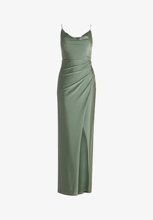 Sleek green satin maxi dress with thin straps, a draped silhouette, and a thigh-high slit for ease of movement and visual interest.