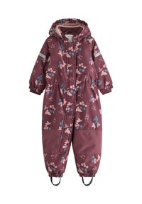 Bordeaux toddler vinterdæksel med blomstermotiv i pink og blå. Har hætte, lynlås, elastiske manchetter og fodstropper. Blødt, isoleret stof.