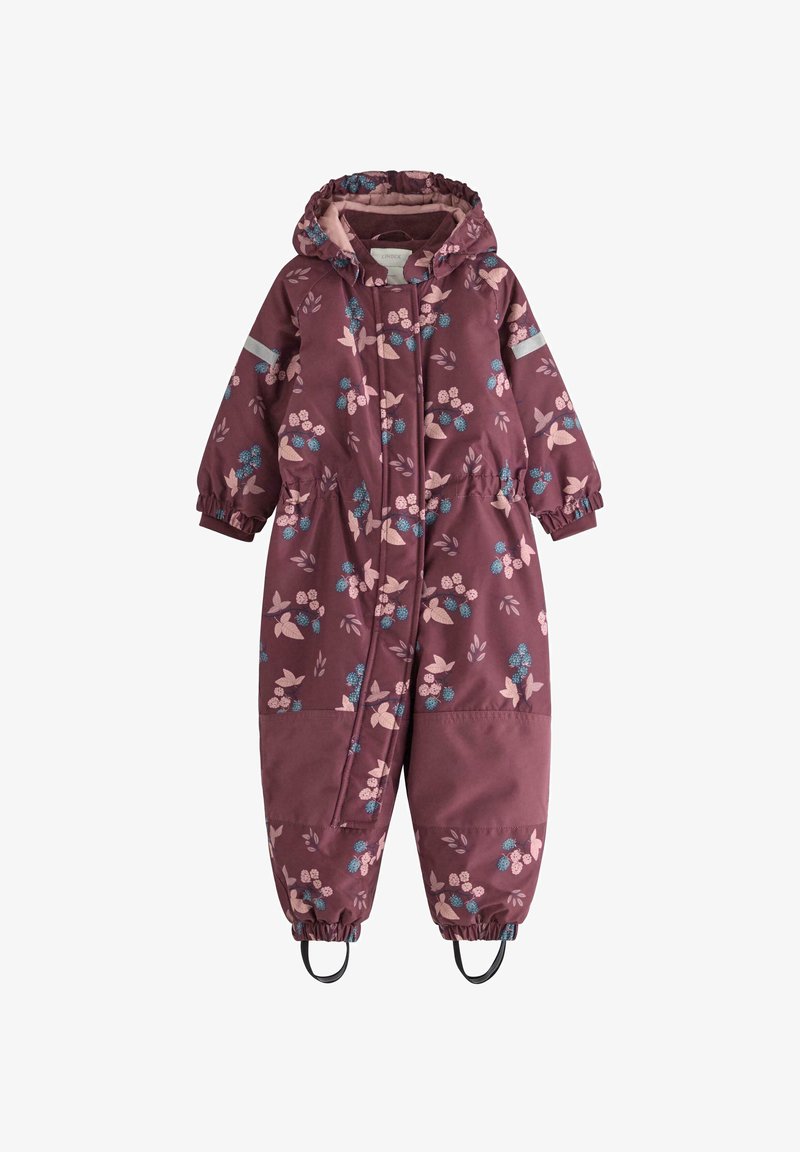 Burgundy toddler snowsuit with floral print in pink and blue. Features hood, zipper, elastic cuffs, and foot straps. Soft, insulated fabric.