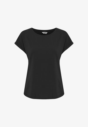 T-shirt noir à manches courtes avec un col rond, fabriqué en coton doux, avec une coupe ample et des manches légèrement chauve-souris.