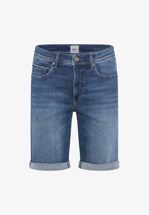 Blaue Denim-Shorts mit umgeschlagenen Bündchen, vorderer Knopfleiste und Fünf-Taschen-Design, die subtile ausgewaschene Details zeigen.
