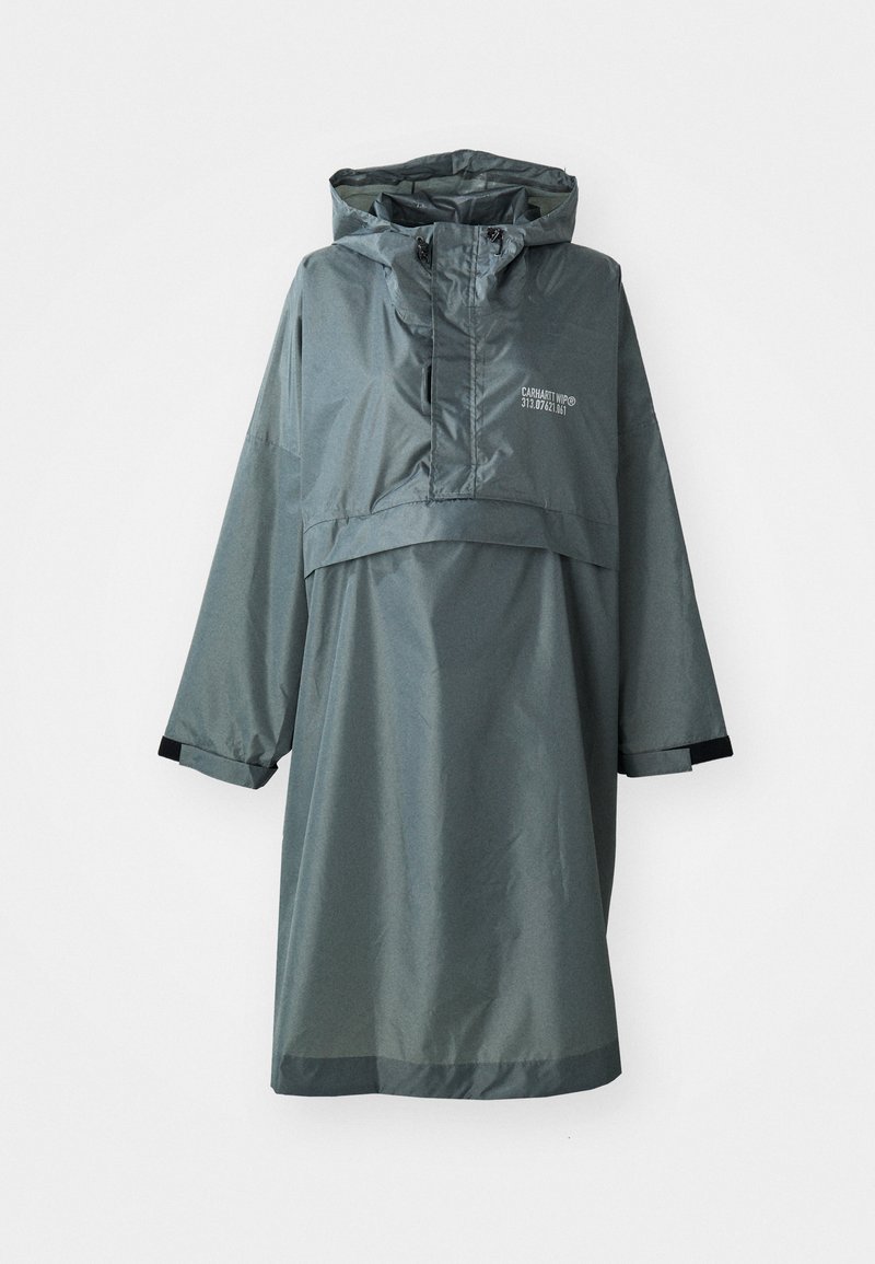 Anorak made of lightweight, water-resistant fabric in dark grey. Features a front pocket, adjustable hood, and elastic cuffs.