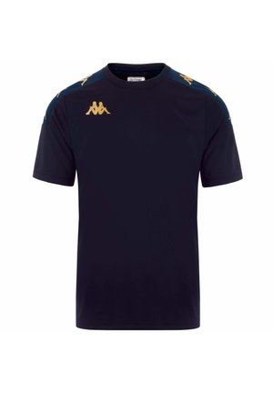 Maglietta atletica a maniche corte di colore blu navy in tessuto, con dettagli dorati sulle spalle e un logo sul petto. Design classico con collo a giro.