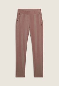 Pantaloni in corduroy di un rosa tenue con una texture morbida, dotati di una fascia elastica in vita e due tasche frontali. Include un piccolo dettaglio con il logo.