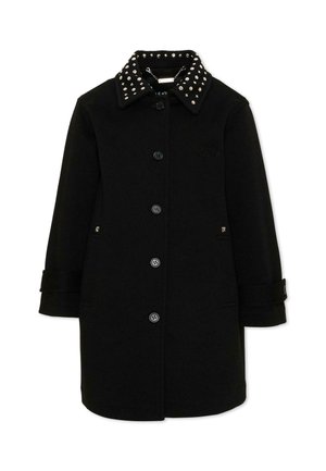 Manteau long noir avec fermeture à boutons, col clouté et poignets ajustables, vu de face sur fond blanc.