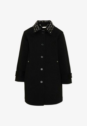 Manteau long noir avec fermeture à boutons, col clouté et poignets ajustables, vu de face sur fond blanc.