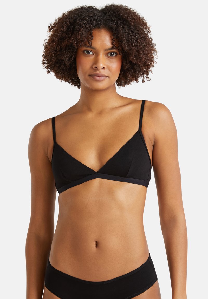 Bralette nera con un design a V, spalline sottili e regolabili, e una fascia ampia. Materiale morbido e liscio con cuciture minime e senza imbottitura.