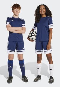Marinblå sportskläder med en t-shirt med rund halsringning och vita ränder, matchande shorts och kontrasterande strumpor. En spelare håller en fotboll.