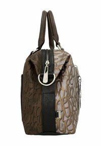 Sac à main marron et beige avec un motif floral complexe. Comprend un accent en cuir noir, une quincaillerie en argent et une fermeture éclair supérieure.