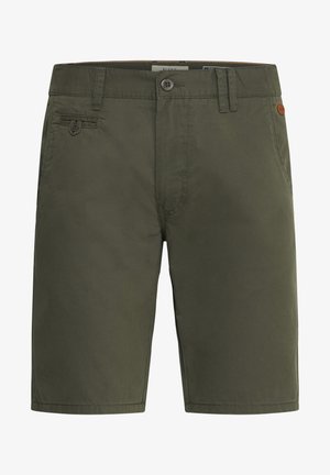 Olīvu zaļas šortas, kas izgatavotas no kokvilnas, ar plakanu priekšpusi, divām sānu kabatām un vienu pogu aizdari ar smalkiem stādījumu akcentiem.