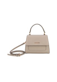 Sac à main en cuir beige avec une forme structurée, une poignée supérieure, une bandoulière réglable et des coutures blanches discrètes. Rabat avant avec un détail de poche.