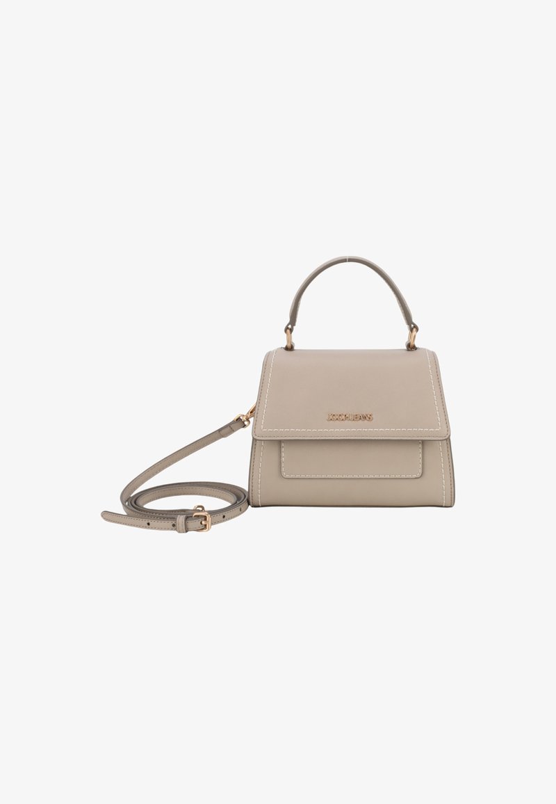 Beige leren handtas met een gestructureerde vorm, een handvat bovenaan, een verstelbare schouderband en subtiele witte stiksels. Voorflap met pocketdetail.