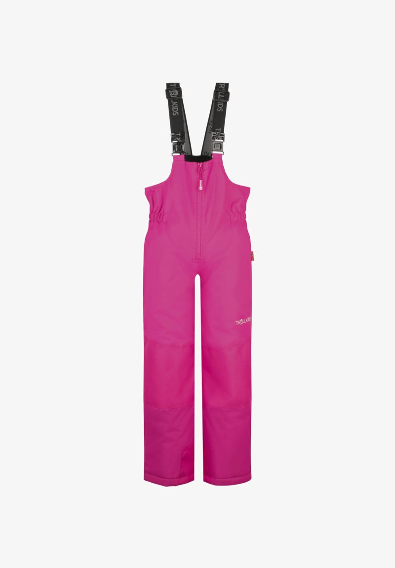 Pink wasserfeste Latzhosen mit verstellbaren schwarzen Trägern, Frontreißverschluss und elastischem Bund. Glatte Textur, taillierter Schnitt mit weitem Bein.