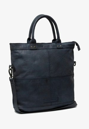 Leder-Handtasche in Dunkelblau. Verfügt über doppelte Griffe, einen verstellbaren Schulterriemen und sichtbare Nähte. Logo-Patch an der Basis. Strukturierte Gestaltung.