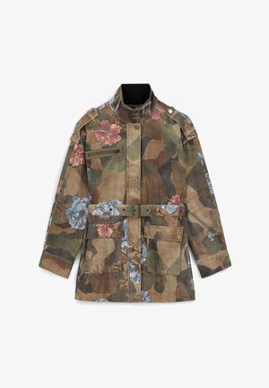 Camouflage jacket with floral patterns in brown, green, and blue. Features a high collar, belt, and multiple pockets with brass accents.