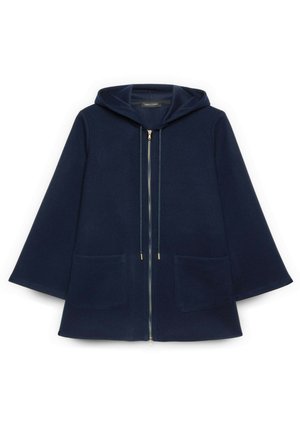 Giacca con cappuccio color navy con zip frontale, due tasche anteriori e vestibilità comoda. Realizzata in materiale morbido con una texture liscia.