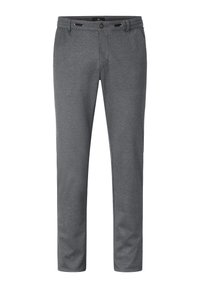 Gray trousers made from textured fabric, featuring a relaxed fit, button closure, and two front pockets. Simple and versatile design.