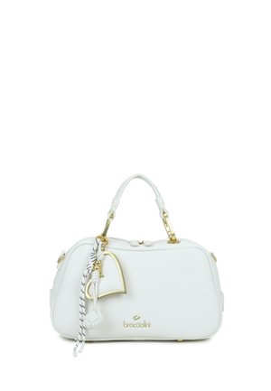 Witte leren handtas met gouden hartbedel en gestreepte kwast, dubbel handvat en Braccialini-logo aan de voorkant.