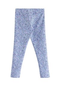 Stretchiga leggings i pastelllila med ett blommönster som visar små blå och gröna blommor; slät textur, figurnära design, hel längd.