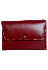 Red leather clutch wallet with flap closure and small rectangular silver logo plaque on front center.