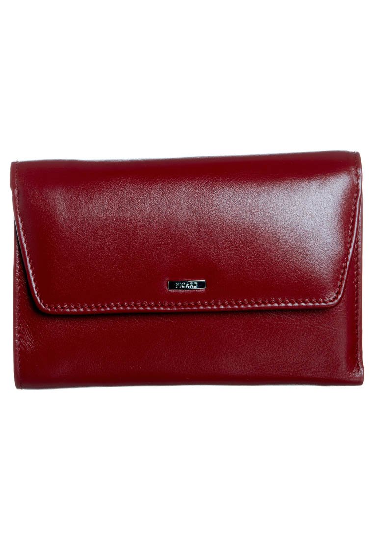 Red leather clutch wallet with flap closure and small rectangular silver logo plaque on front center.