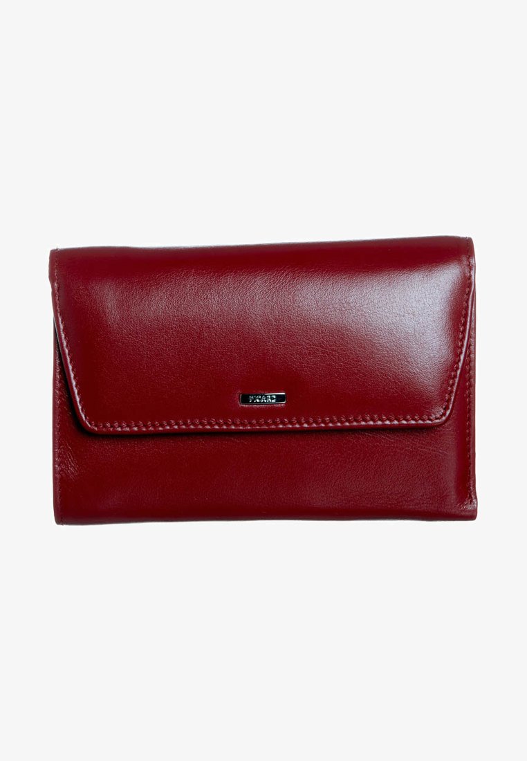 Red leather clutch wallet with flap closure and small rectangular silver logo plaque on front center.