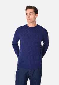 Maglione lavorato a maglia blu navy con un motivo esagonale, maniche lunghe e scollatura rotonda. L'orlo e i polsini a coste aggiungono texture. Abbinato a jeans di denim.