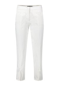 White cotton trousers with a tailored fit, featuring front pockets, a smooth texture, and slits at the ankles for added detail.