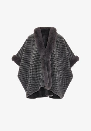 Grijze poncho met een geborduurde stof en een zachte nepbont kraag en manchetten. Beschikt over een losse, vloeiende uitstraling en een open voorkant.