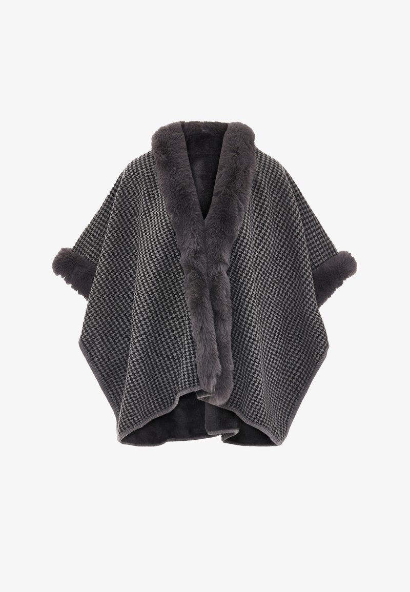 Szürke poncsó mintás anyagból, puha műszőrme gallérral és mandzsettákkal. Laza, folytatólagos kialakítás jellemzi, nyitott elejével.