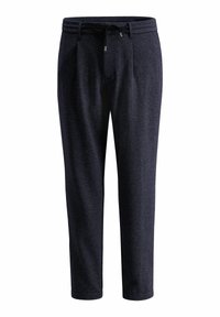 Marineblauwe tapered broek met een elastische tailleband en trekkoord, voorzien van een textuurstof en een geplooid voorkantontwerp.