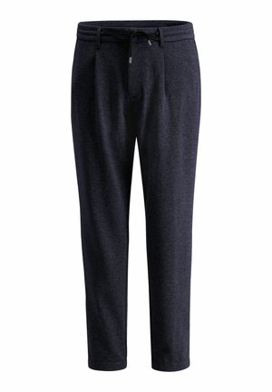 Marineblaue schmal geschnittene Hosen mit elastischem Bund und Kordelzug, aus einem strukturierten Stoff und mit gefaltetem Vorderdesign.