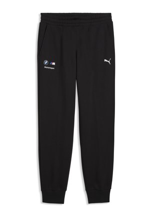 Pantalon de survêtement noir Puma avec logo BMW Motorsport sur la cuisse gauche et logo Puma sur la cuisse droite, taille élastique et chevilles élastiquées.