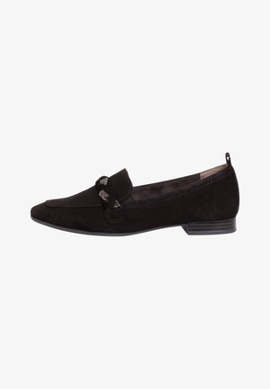 Mocassins en suede noir avec un bout pointu, ornés d'un accent de nœud décoratif et d'un talon bas et rectangulaire. Texture lisse sur l'ensemble.