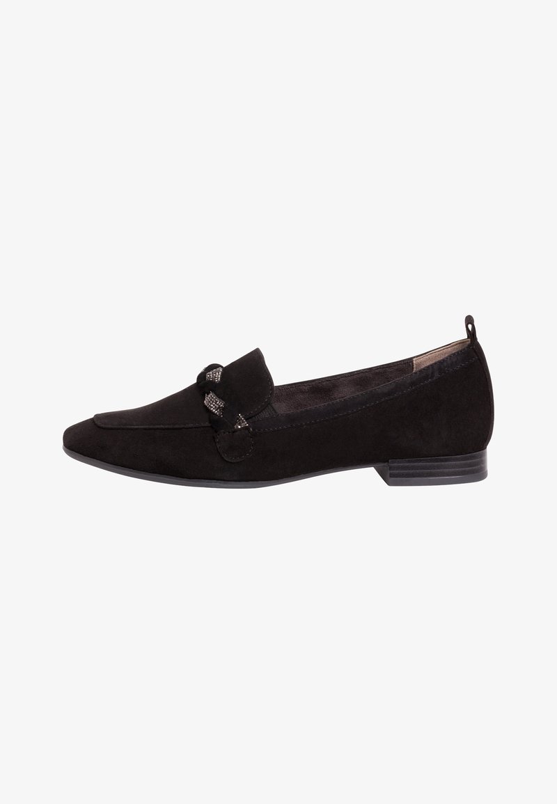Mocassins en suede noir avec un bout pointu, ornés d'un accent de nœud décoratif et d'un talon bas et rectangulaire. Texture lisse sur l'ensemble.