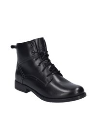 Black leather ankle boot with laces, round toe, and low block heel. Features stitching details and two eyelets for laces. Smooth texture.