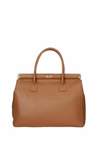 Borsa a mano in pelle marrone con forma strutturata, doppi manici e hardware in tonalità oro. Presenta una superficie liscia e un design minimalista.