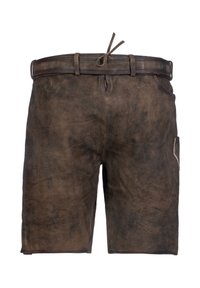 Braune Lederhosen mit strukturierter Oberfläche, ausgestattet mit einem Taillenknoten, Fronttaschen und einer Seitentasche für zusätzlichen Nutzen.
