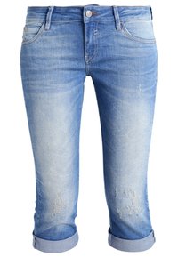 Světle modré džínové kalhoty s opotřebovaným vzhledem, ohrnutými lemy, distressed detaily a klasickým pětipocket designem. Polo-vysoký pas.