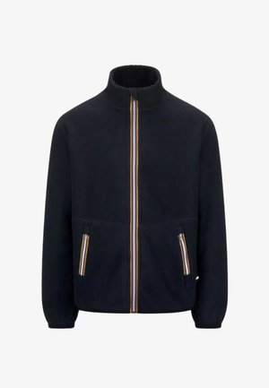 Giacca in pile blu navy con collo alto, cerniera frontale con strisce multicolori e due tasche con zip in vita.