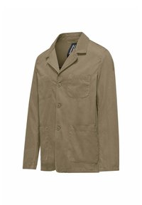 Blazer casual da uomo in khaki con colletto a punte, tre bottoni e tre tasche patta anteriori.
