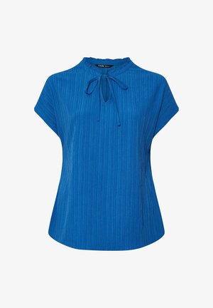 Blau gerippte kurzärmelige Bluse mit Ausschnitt in Tropfenform und Schleife am Kragen, mit lockerem Schnitt.