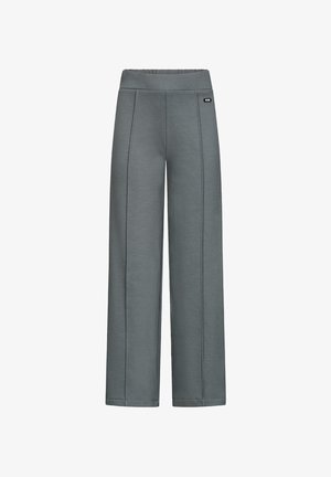 Grijze wijde broek van zacht materiaal. Voorzien van een elastische tailleband, verticale naden en een klein logo-accent.