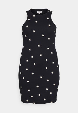 Schwarzes ärmelloses Kleid mit figurbetonter Form, durchgehend mit weißen Gänseblümchenmustern verziert und mit rundem Ausschnitt. Aus dehnbarem Stoff gefertigt.