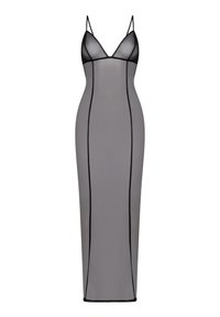 Γκρίζο πλεκτό φόρεμα με μαύρες λεπτομέρειες, εφαρμοστή γραμμή, λεπτές ρακέτες και μακριά σιλουέτα. Απαλή υφή και μινιμαλιστικό στυλ.